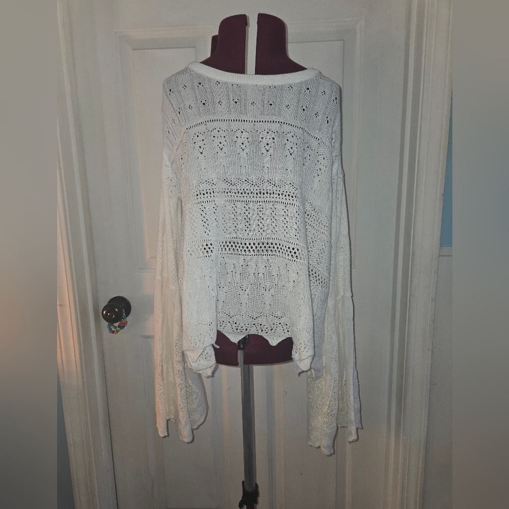 Altar'd State Bell Sleeve White Cotton Eyelet Crew Neck Scalloped Hem Sweater